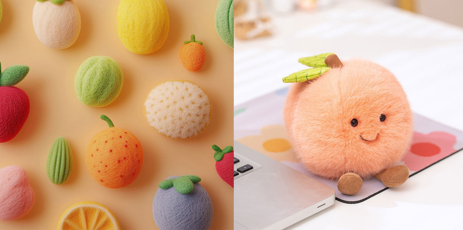 The carnival scene of the fruit party is filled with colorful plush fruit pets all showing their charm. The gradient of the peach fuzz in a misty hue stands out in the spotlight. The soft pink spectrum builds a breakwater against anxiety